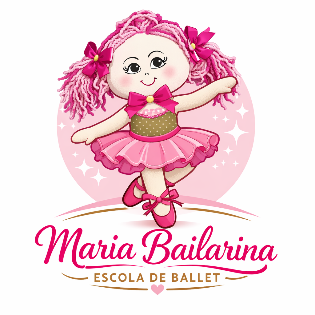 Mascote da Escola de Ballet Maria Bailarina, uma bonequinha bailarina em tutu rosa